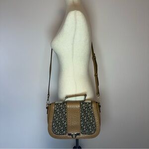 DKNY Tan Genuine Leather and Fabric Crossbody Handbag